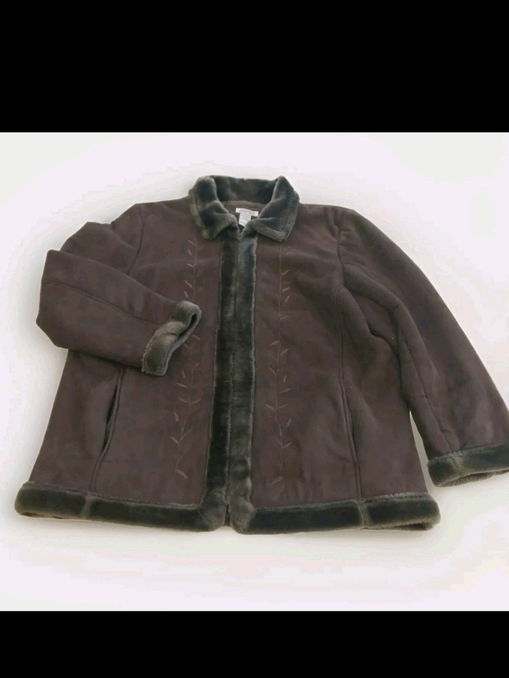 Brown Faux-Shearling Suede Teddy Jacket Ladies Size XL Embroidered Retro Y2K